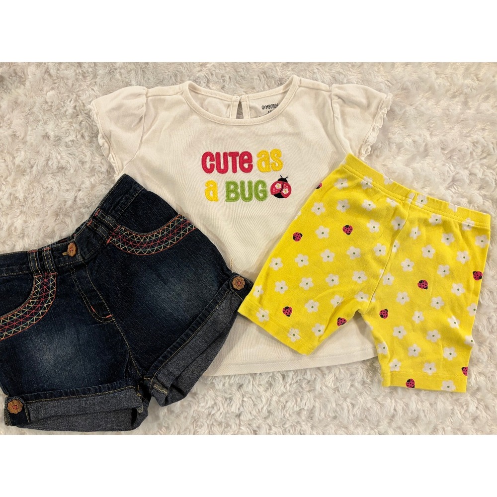 Gymboree Pretty Lady Cute as a Bug Embroidery Tee Denim & Bike Short LOT 5T GUC